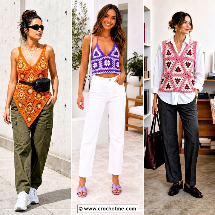 30 Triangle Granny Square Top Outfit Ideas for Boho Style