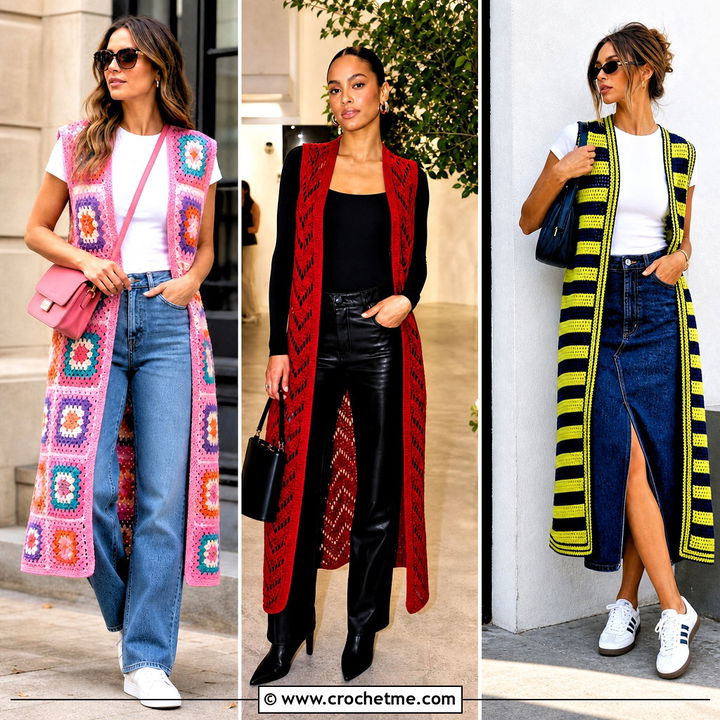 35 Crochet Long Vest Outfit Ideas for Chic Layered Style