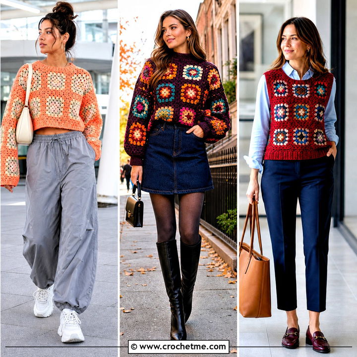 35 Granny Square Pullover Sweater Outfit Ideas for Fall