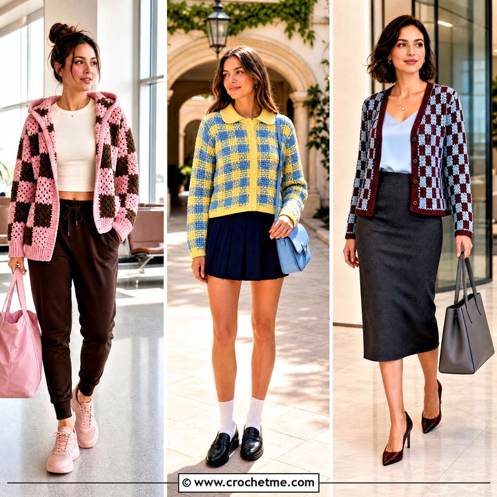 35 Crochet Checkered Cardigan Outfit Ideas for Retro Style