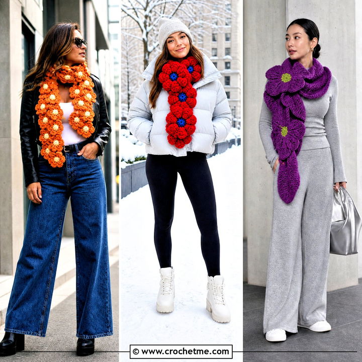 35 Crochet Flower Scarf Outfit Ideas for Chic Spring Style