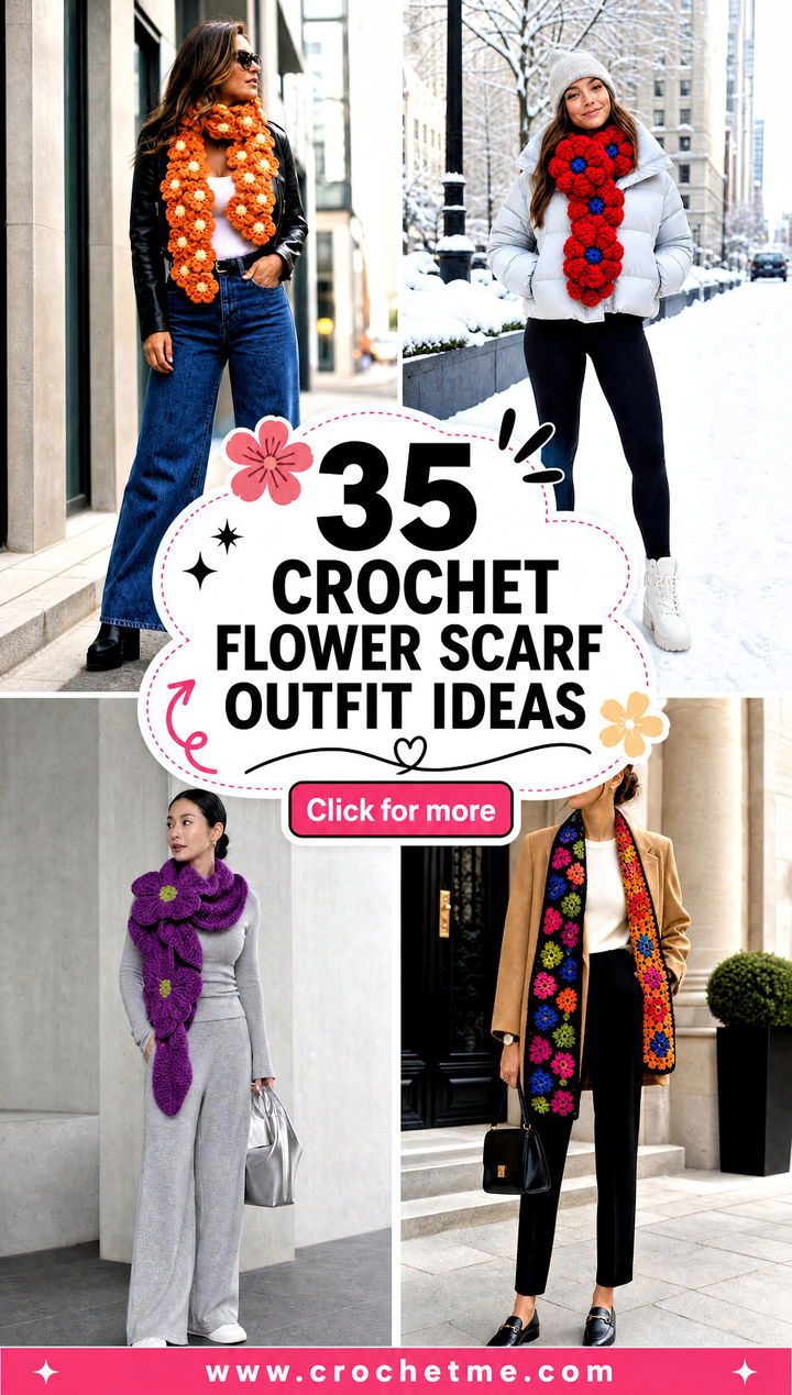 35 crochet flower scarf outfit ideas - 35 crochet flower scarf outfit ideas