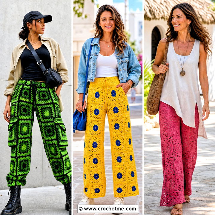 35 Crochet Granny Square Pants Outfit Ideas for Bold Street Style