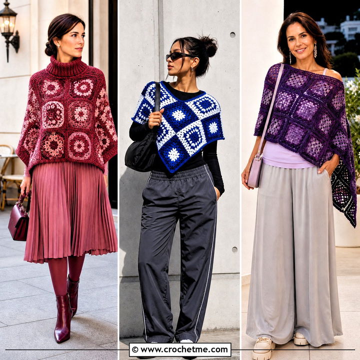 35 Crochet Granny Square Poncho Outfit Ideas for Cozy Boho Style