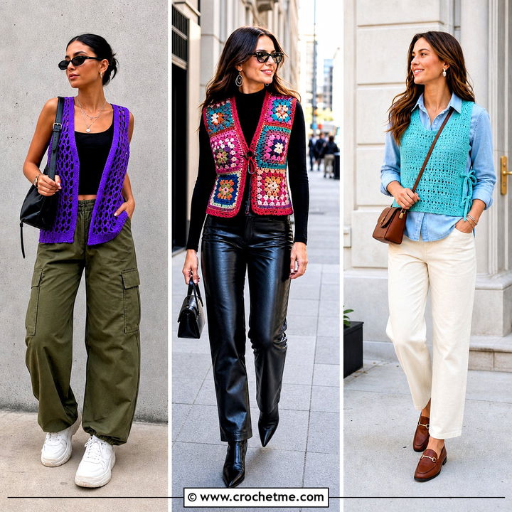 35 Crochet Sleeveless Vest Outfit Ideas for Chic Layered Style