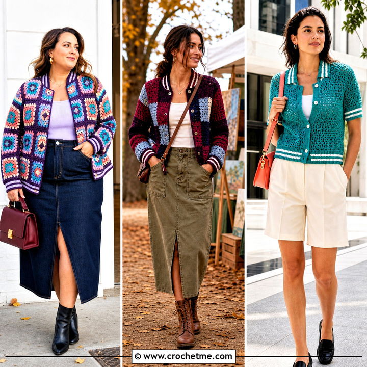 35 Crochet Varsity Jacket Outfit Ideas for Sporty Street Style