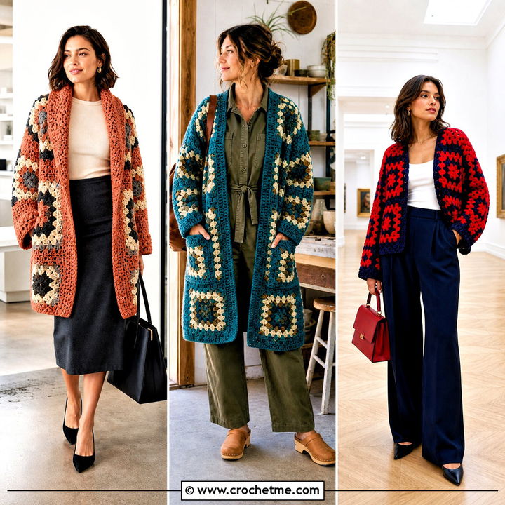 35 Giant Granny Square Cardigan Outfit Ideas for Cozy Style