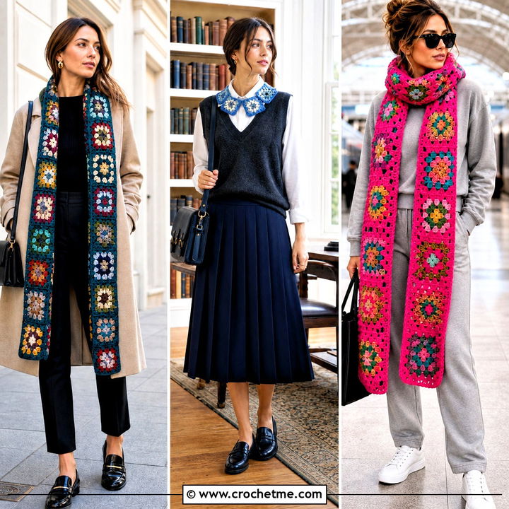 35 Granny Crochet Scarf Outfit Ideas for Cozy Vintage Style