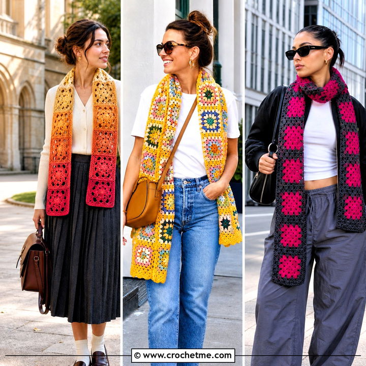 35 Granny Square Crochet Scarf Outfit Ideas for Cozy Days