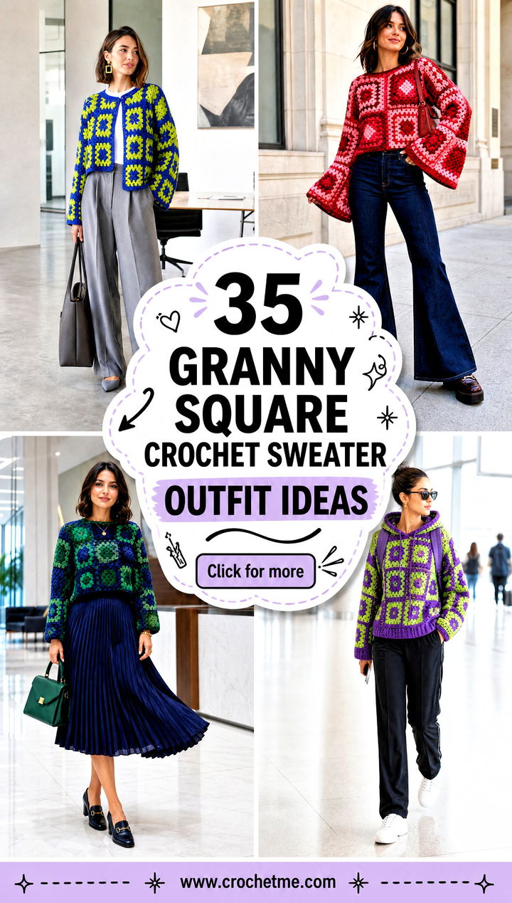35 granny square crochet sweater outfit ideas - 35 granny square crochet sweater outfit ideas