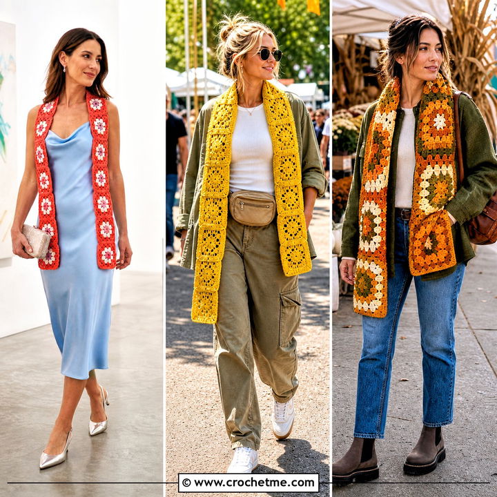 35 Granny Square Scarf Outfit Ideas for Cozy Layered Looks