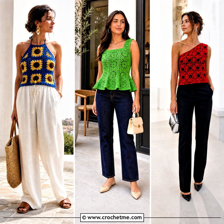 35 Granny Square Tops Outfit Ideas for Colorful Summer Looks