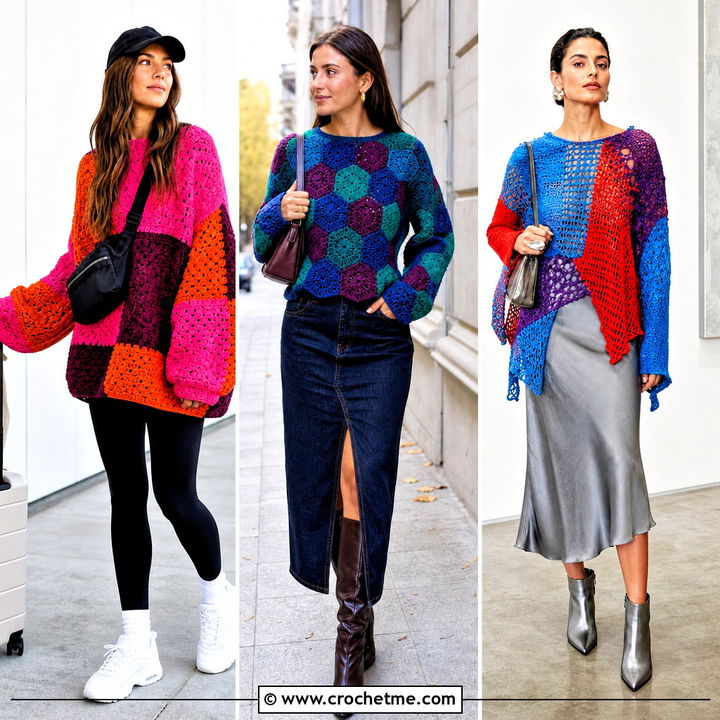 35 Patchwork Crochet Sweater Outfit Ideas for Colorful Style