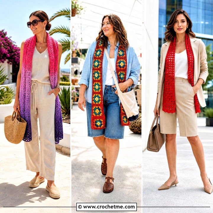 35 Summer Crochet Scarf Outfit Ideas for Lightweight Layering