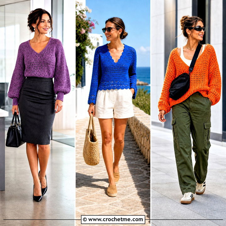 35 V Neck Crochet Sweater Outfit Ideas for Flattering Layers