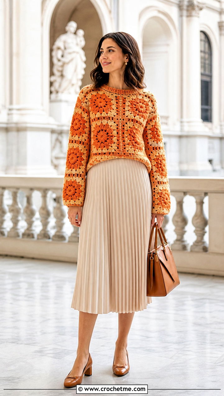 D Dahlia Granny Square Sweater With Pleated Midi Skirt - 30 flower granny square sweater outfit ideas