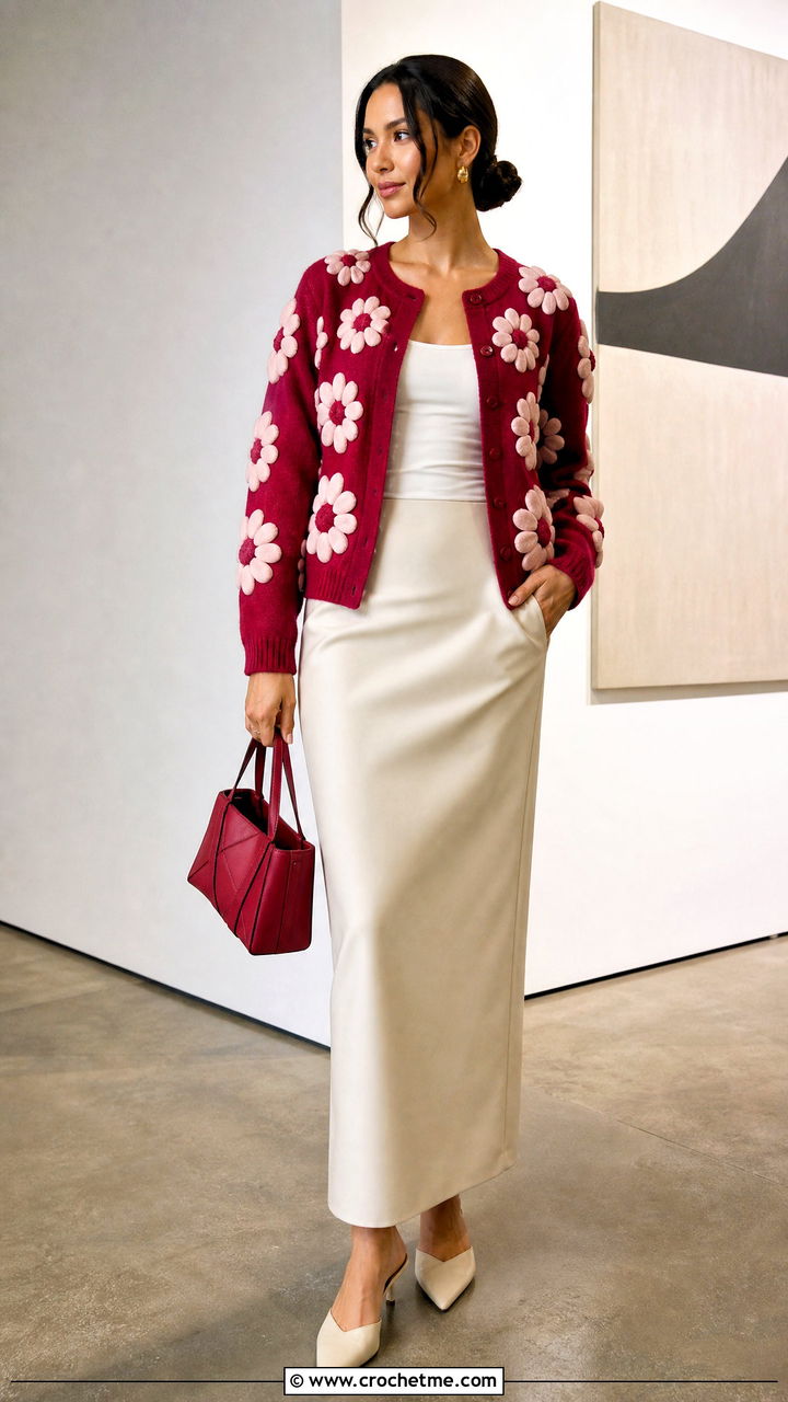 D Daisy Cardigan With Minimalist Column Skirt - 35 Crochet Daisy Cardigan outfit ideas