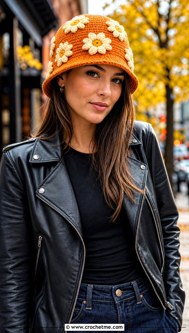 D Daisy Crochet Bucket Hat With Leather Jacket - 25 daisy crochet bucket hat outfit ideas