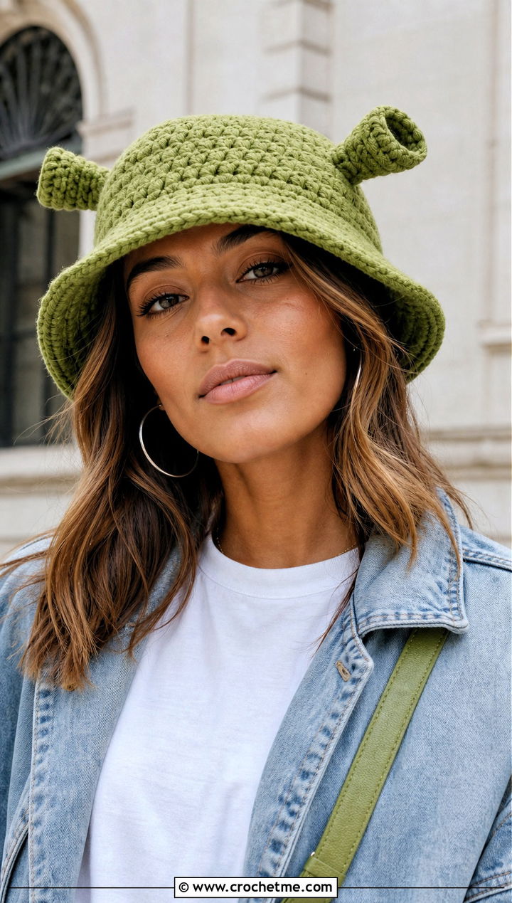 D Ear Crochet Shrek Bucket Hat With Denim Jacket - 15 Crochet Shrek Bucket Hat outfit ideas