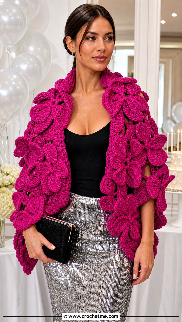 D Floral Applique Shawl With Sequin Skirt - 15 Crochet Flower Shawl outfit ideas