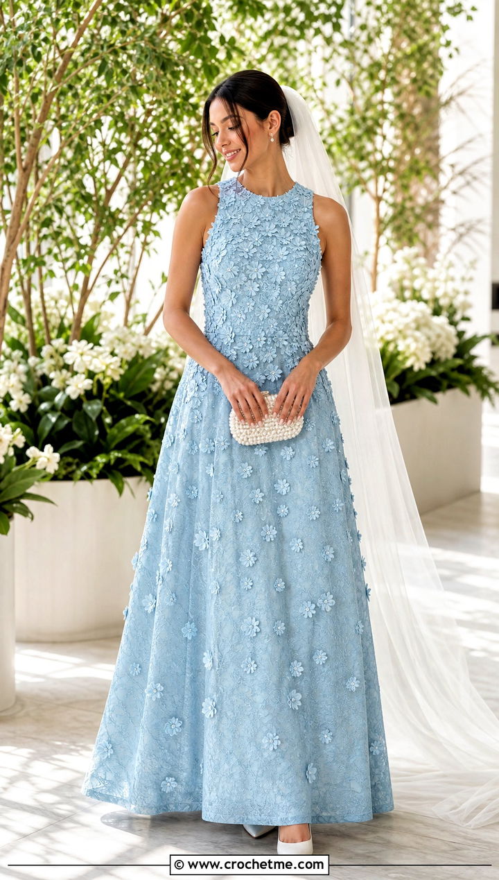 D Floral Crochet Bridal Dress With Simple Veil - 30 crochet bridal dress outfit ideas