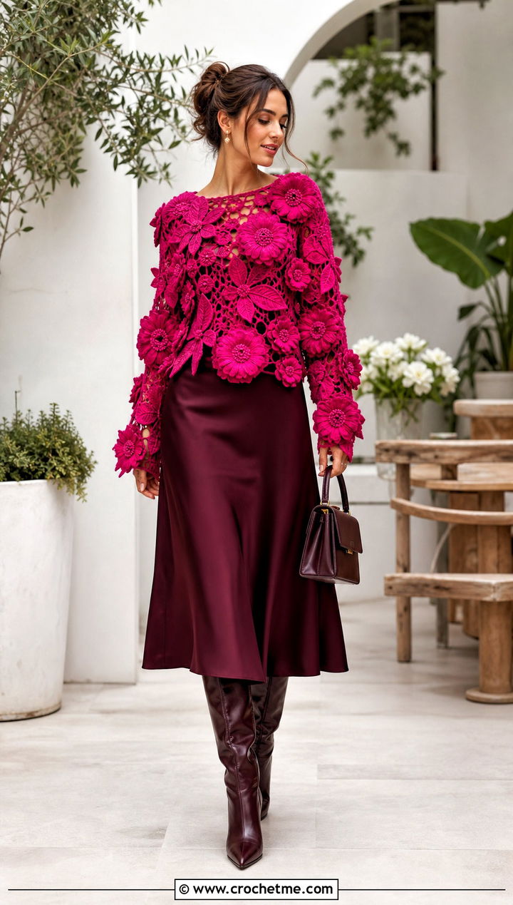 D Floral Freeform Sweater With Satin Midi Skirt - 15 Freeform Crochet Sweater Ideas