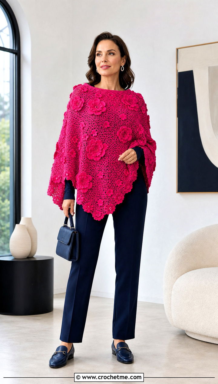 D Flower Applique Poncho With Monochrome Basics - 25 Crochet Flower Poncho outfit ideas