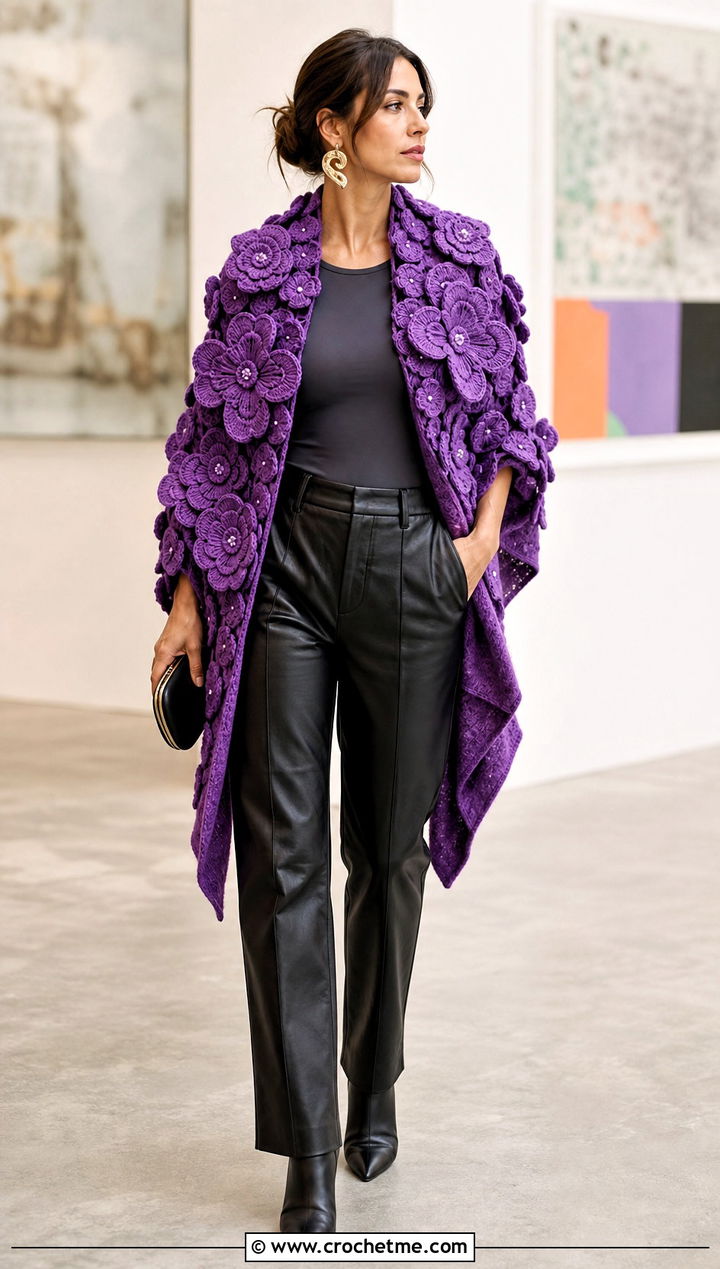 D Flower Applique Shawl With Leather Pants - 15 Crochet Floral Shawl outfit ideas