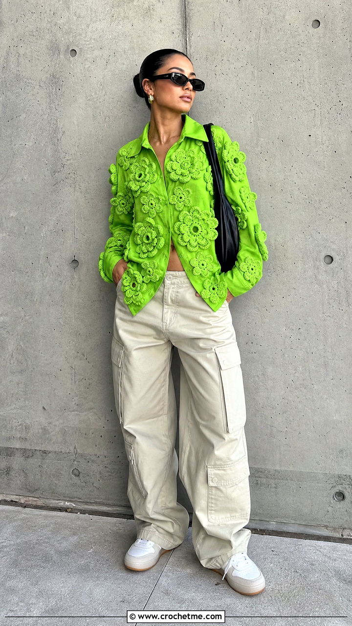 D Flower Applique Shirt With Cargo Pants - 35 Crochet Flower Shirt outfit ideas