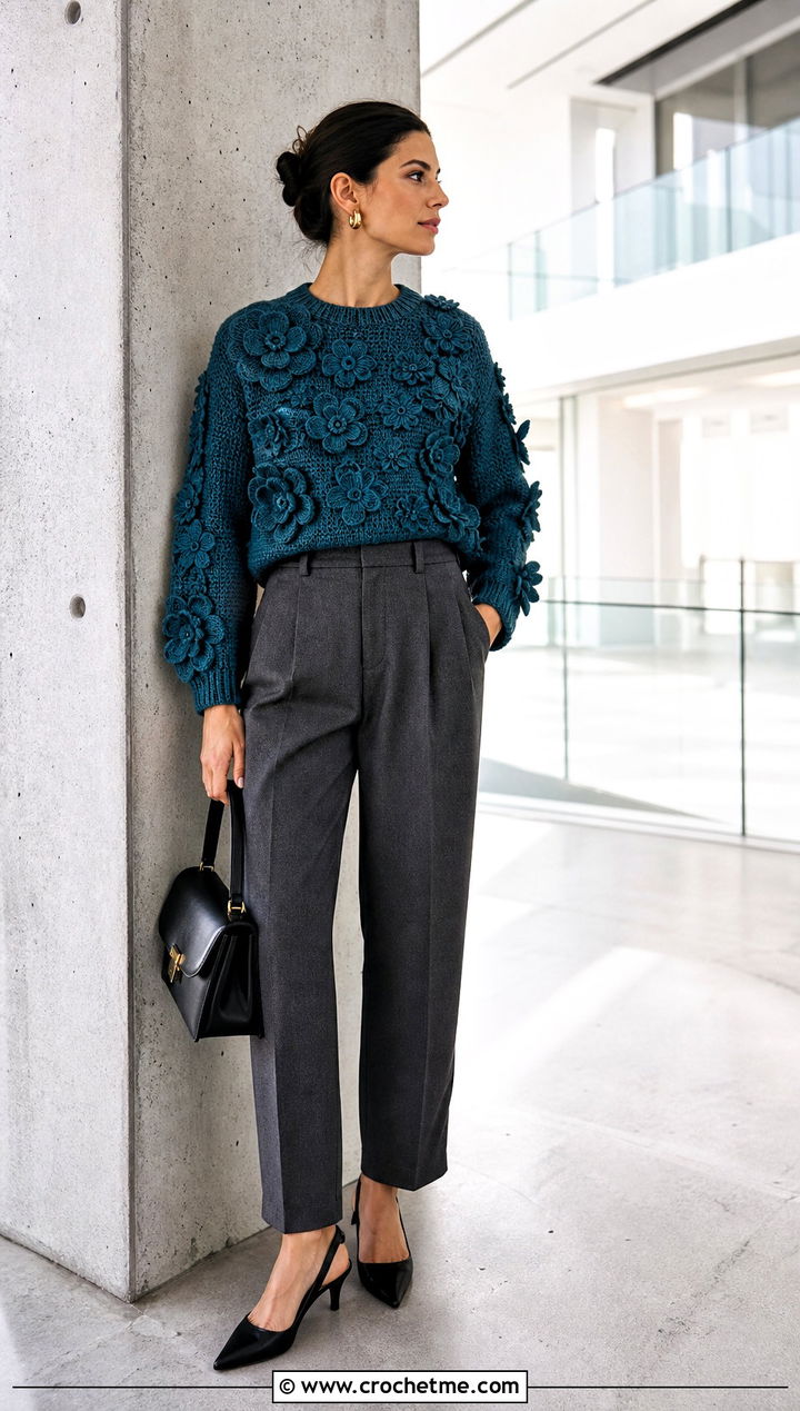 D Flower Crewneck Crochet Sweater With Tailored Trousers - 30 crochet flower sweater outfit ideas