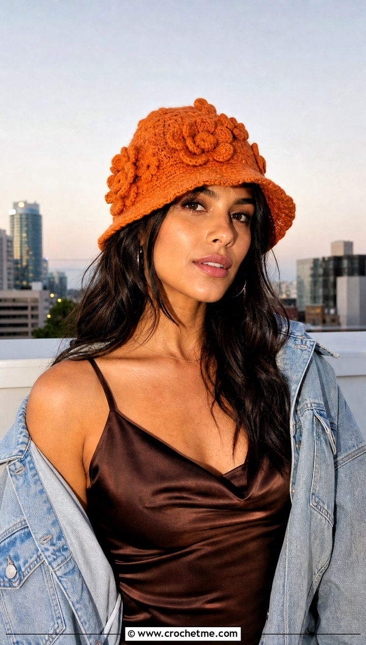 D Flower Crochet Bucket Hat With Slip Dress - 15 crochet bucket hat with floral outfit ideas