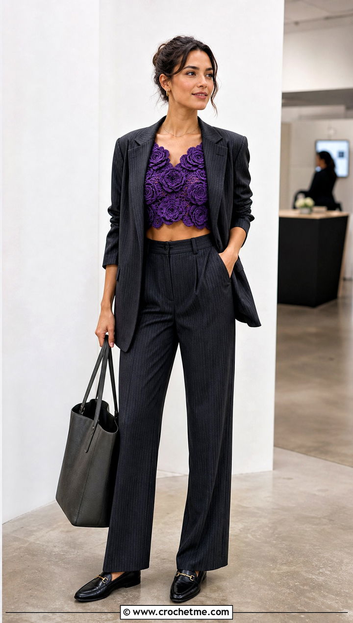 D Flower Crochet Crop Top With Pinstripe Suit - 30 crochet flower crop top outfit ideas