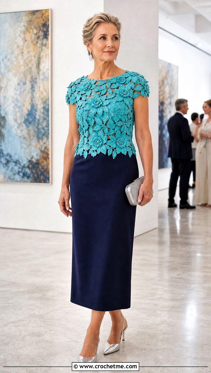 D Flower Crochet Motif Top With Column Skirt - 30 crochet motif top outfit ideas