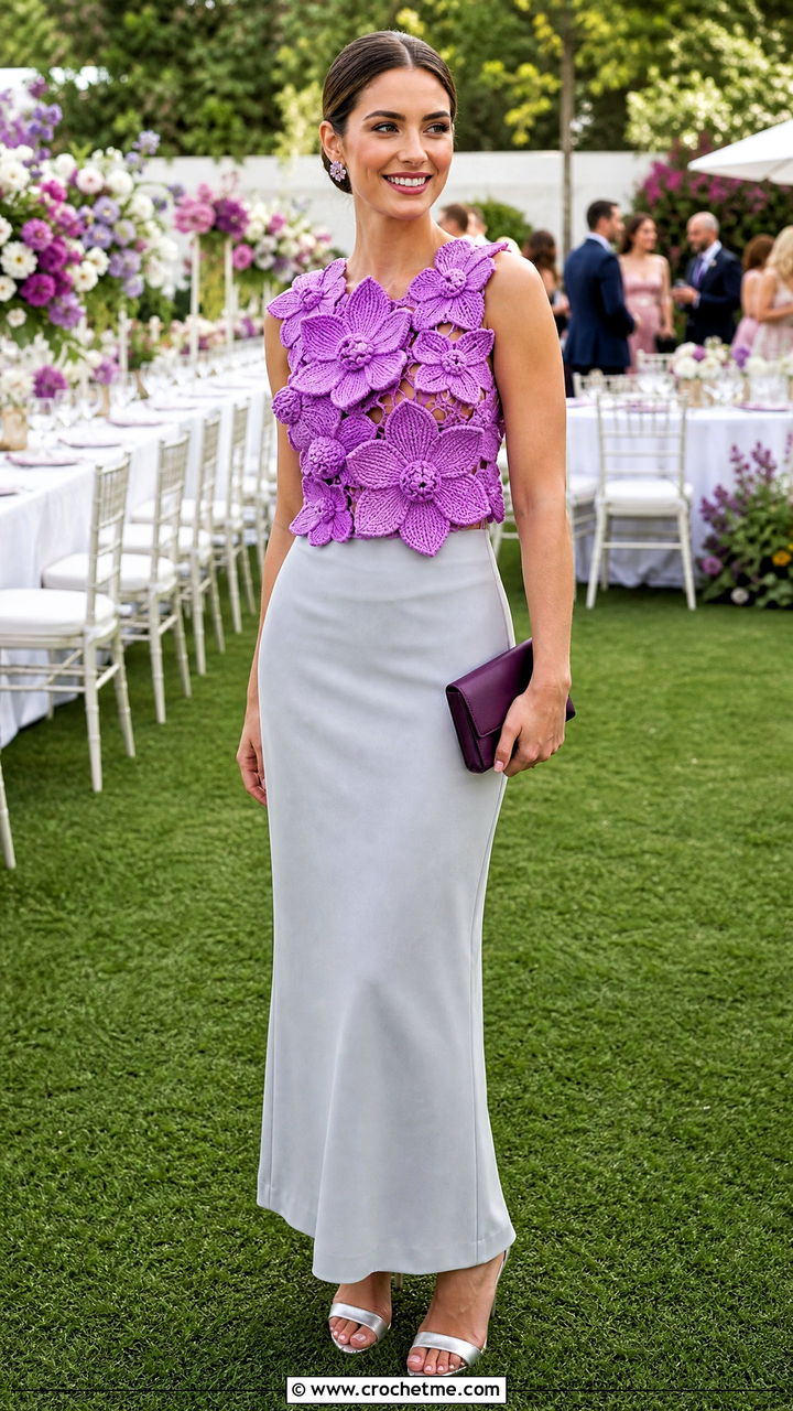 D Flower Crochet Top With Column Maxi Skirt - 35 crochet floral top outfit ideas