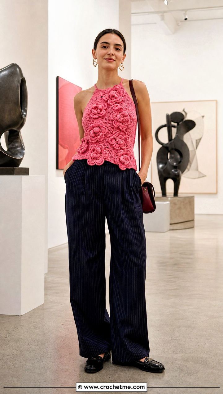 D Flower Crochet Top With Pinstripe Pants - 25 crochet floral lace top outfit ideas