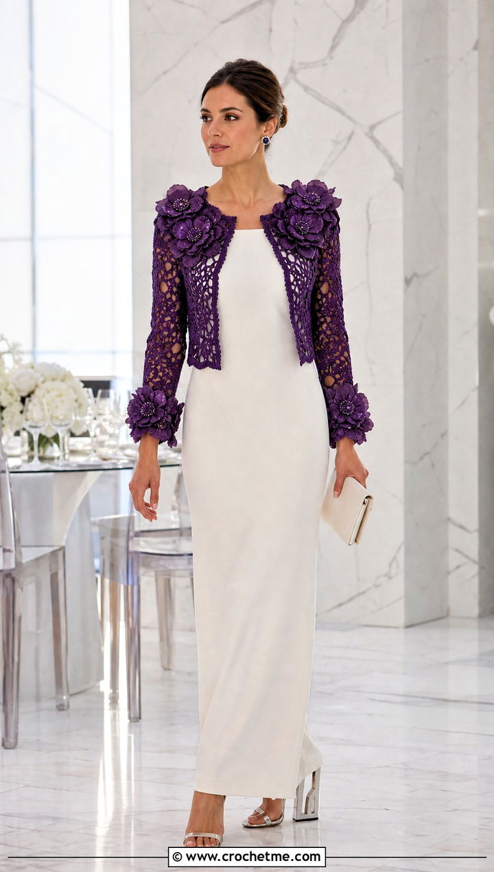 D Flower Crochet Wedding Bolero With Crepe Column Dress - 25 Crochet Wedding Bolero outfit ideas