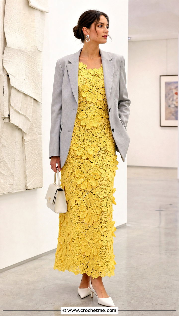 D Flower Floral Crochet Maxi Dress With Tailored Blazer - 15 floral crochet maxi dress outfit ideas