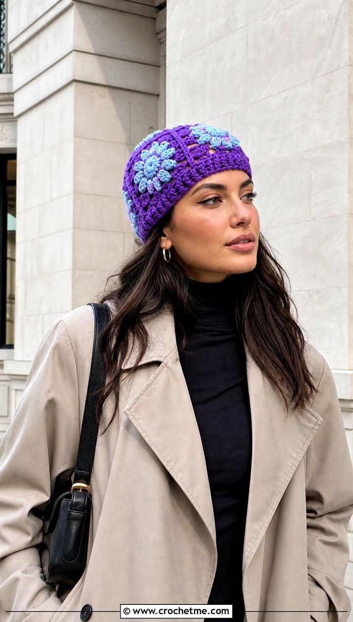 D Flower Granny Square Beanie With Trench Coat - 30 crochet flower beanie outfit ideas