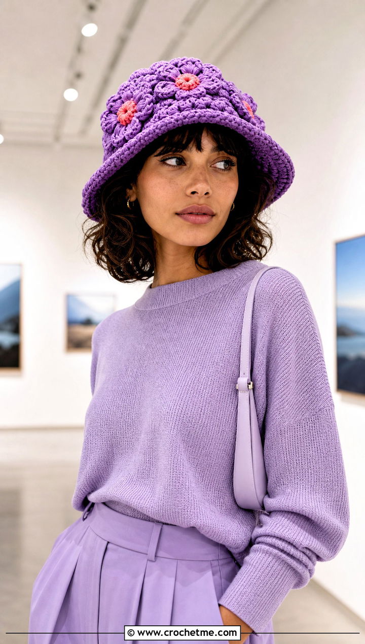 D Flower Granny Square Bucket Hat With Monochrome Outfit - 15 Crochet Granny Square Bucket Hat outfit ideas