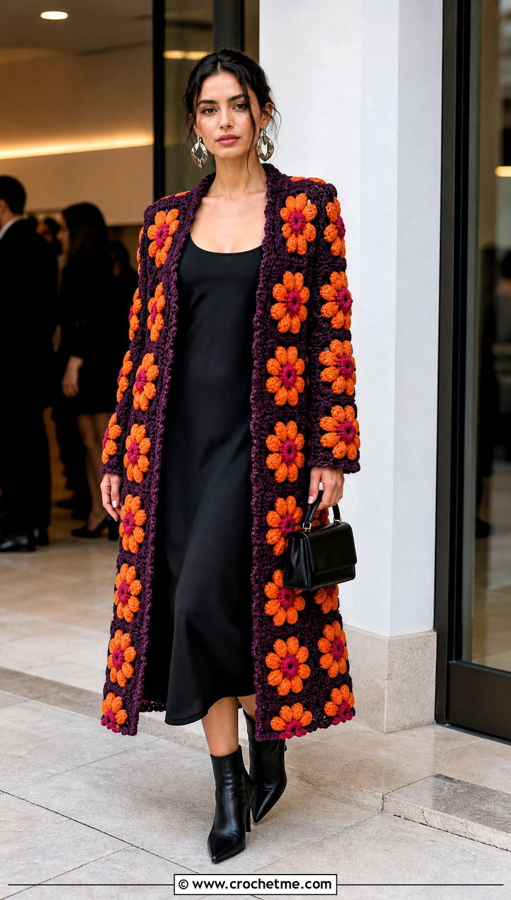 D Flower Granny Square Coat With Simple Midi Dress - 30 crochet granny square coat outfit ideas