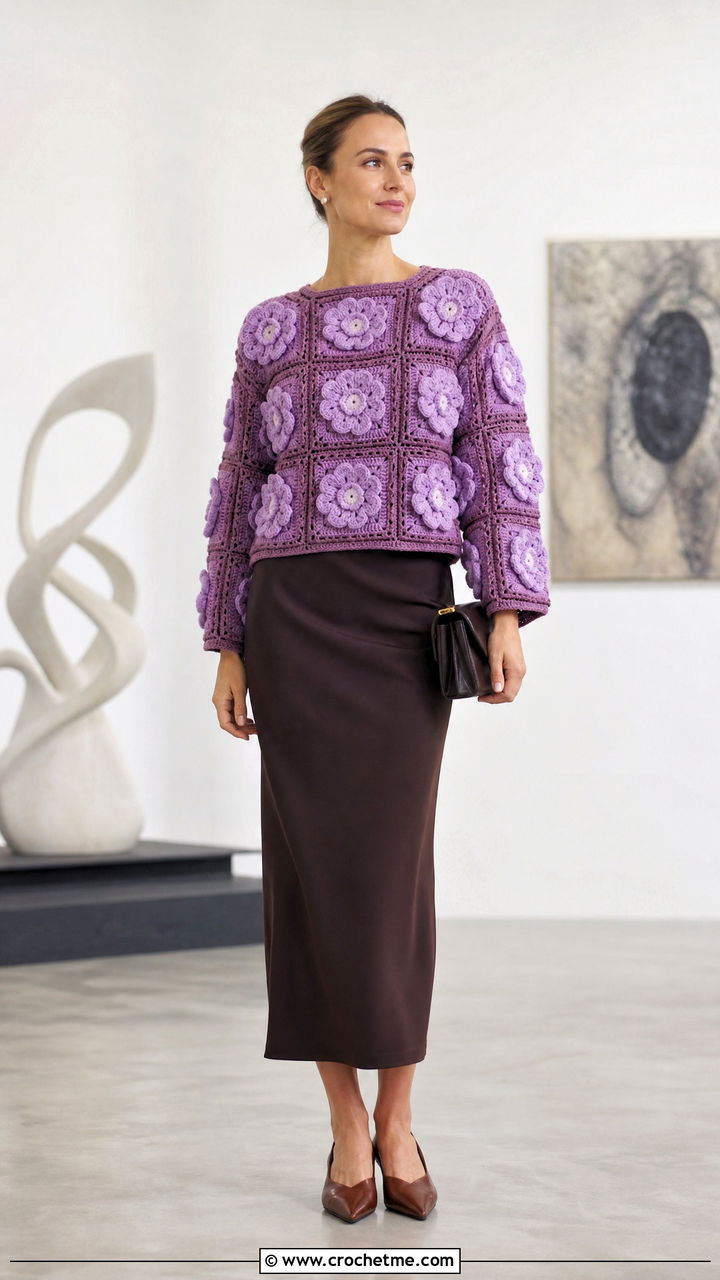 D Flower Granny Square Jumper With Column Skirt - 35 crochet granny square jumper outfit ideas