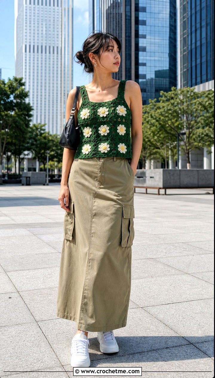 D Flower Granny Square Tank With Cargo Maxi Skirt - 35 granny square tank outfit ideas