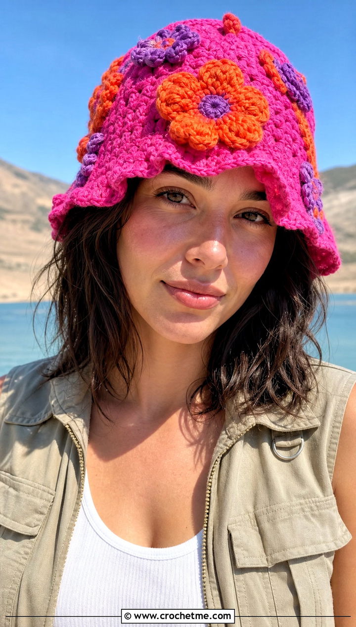 D Flower Patch Crochet Hat With Utility Vest - 30 crochet flower hat outfit ideas