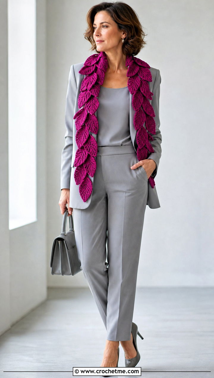 D Leaf Applique Scarf With Monochrome Suit - 25 crochet leaf scarf outfit ideas