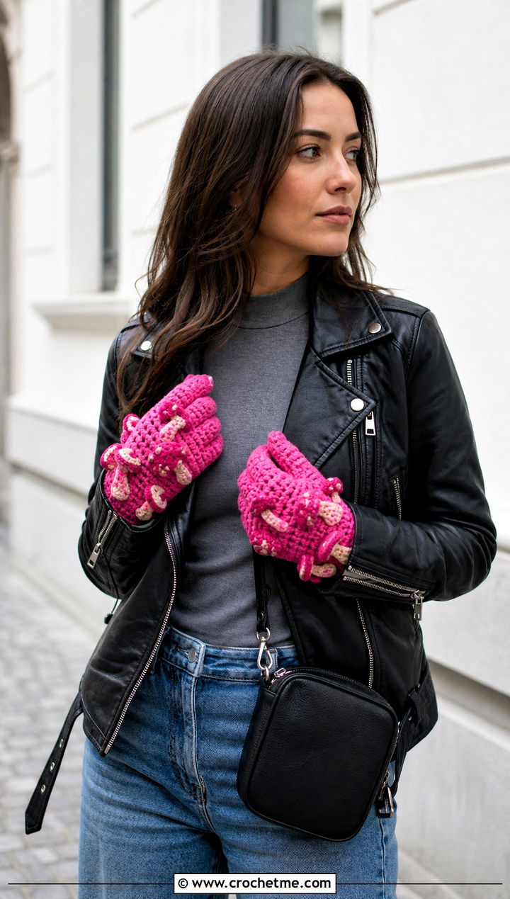D Mushroom Cap Gloves With Leather Jacket - 20 Crochet Mushroom Gloves outfit ideas