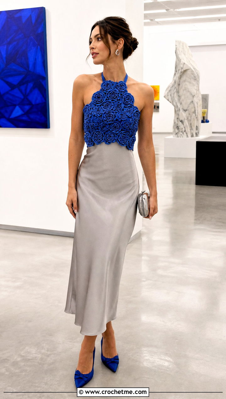 D Rose Applique Halter With Satin Midi Skirt - 15 floral crochet halter design outfit ideas