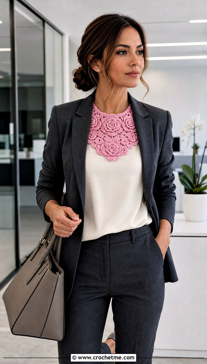 D Rose Bib Collar With Tailored Blazer - 15 handmade floral crochet collar outfit ideas