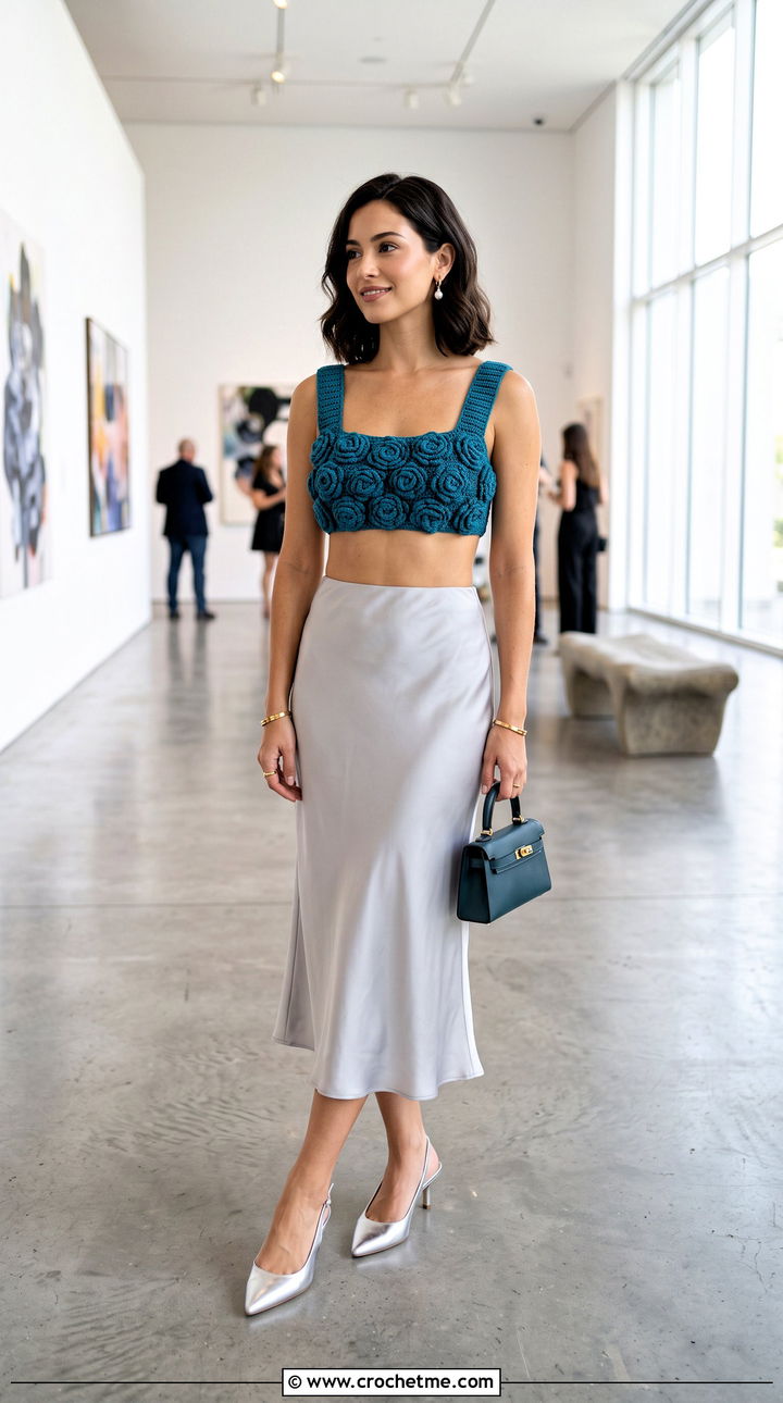 D Rose Crochet Bralette With Satin Midi Skirt - 15 crochet bralette with floral design outfit ideas