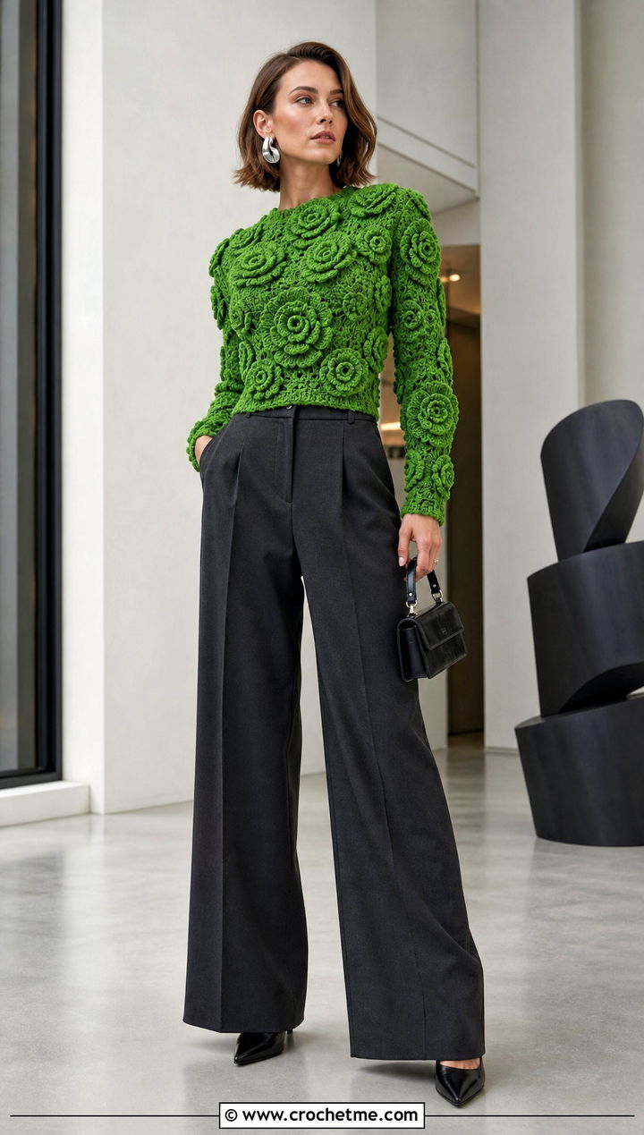 D Rosette Crochet Flower Long Sleeve Top With Tailored Trousers - 25 Crochet Flower Top Long Sleeve outfit ideas