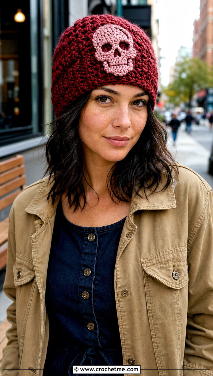 D Skull Applique Crochet Beanie With Denim Dress - 30 crochet skull beanie outfit ideas